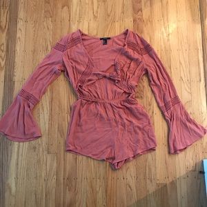 TIE-FRONT Rust Long-Sleeve Romper